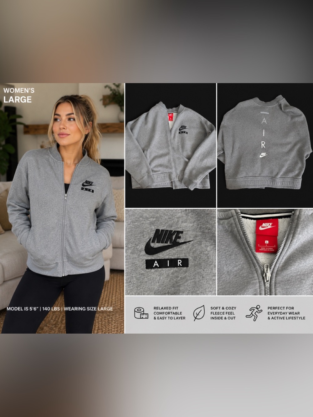 Nike women’s large Grey Zip-Up Bomber Jacket with Black Nike Air Logo